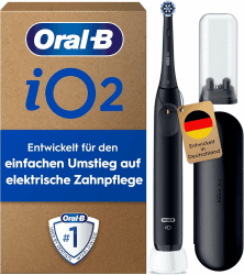 Oral-B iO Series 2 Elektrische Zahnbürste — Electric Toothbrush Inkl. 1 Aufsteckbürste, 3 Putzmodi für Zahnpflege, Magnet-Technologie, Reise-Etui, Aufsteckbürsten-Etui — Designed by Braun — Schwarz Night Black 1 stück (1er Pack) Neu