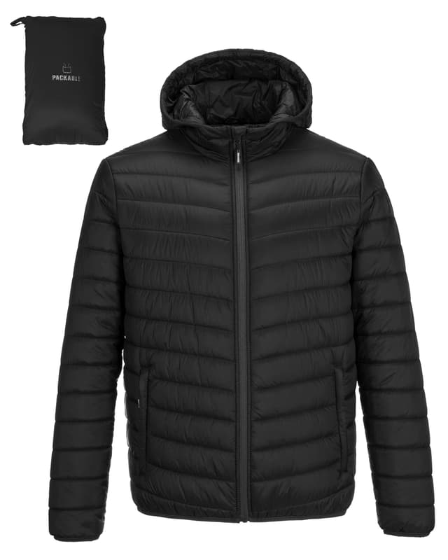 Outdoor Ventures Herren Steppjacke Wasserdichte Pufferjacke Verstaubare Leichte Wasserdichte Kapuzenjacke Winterjacke mit Taschen L Klassisch Schwarz