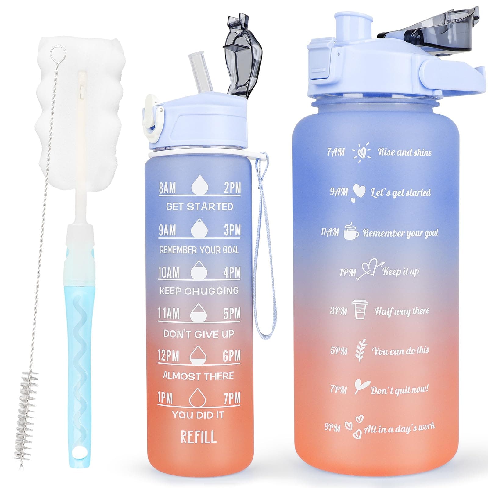 CodiCile 2 Pack Trinkflaschen BPA-frei (2Liter + 750ml), Sport-Trinkflasche mit Zeitmarkierung & Strohhalm, inklusive Reinigungsbürste - Großer motivierender Zeitmarker für Fitnessstudio Blau
