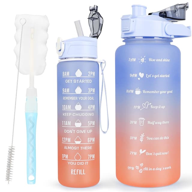 CodiCile 2 Pack Trinkflaschen BPA-frei (2Liter + 750ml), Sport-Trinkflasche mit Zeitmarkierung & Strohhalm, inklusive Reinigungsbürste - Großer motivierender Zeitmarker für Fitnessstudio Blau