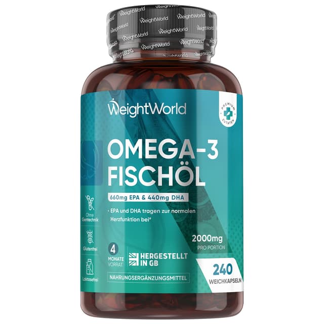 Omega 3 Weich-kapseln - 2000mg Fischöl mit 1100mg Omega-3, 660mg EPA & 440mg DHA pro Portion - 240 Softgels - EPA & DHA tragen zur normalen Herzfunktion bei (EFSA) - fish oil - WeightWorld