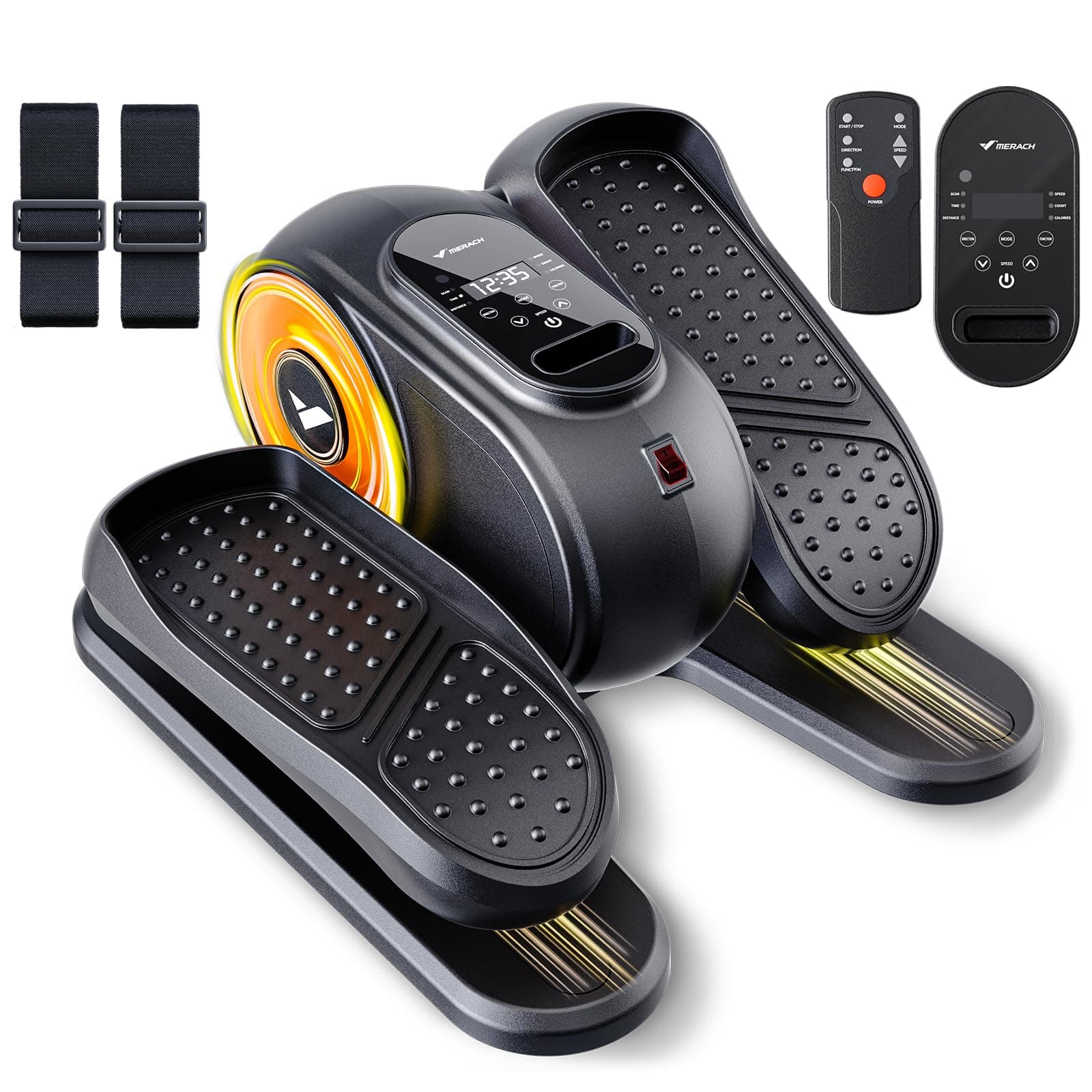 MERACH Mini Ellipsentrainer für Zuhause, Untertisch Elektrischer Crosstrainer mit Fernbedienung, Display, 12 Geschwindigkeiten, Beinschlaufen, Leise & Tragbar Cross Trainer für Senioren, Erwachsene E37-Schwarz