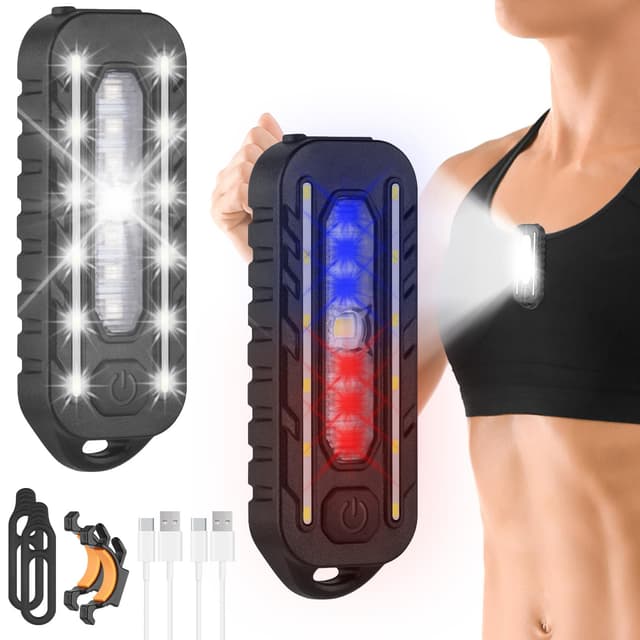 Adiwo LED Clip Lampe, 5 Lichtmodi Lauflicht Klein Stirnlampe Einstellbare Stirnlampe USB Lampe IPX4 Wasserdicht Wiederaufladbar Blinklicht mit Rotlicht Leuchteffekte für Joggen Campen 2 Stück