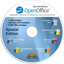 Open Office Spezial-Edition für Windows 11-10-8-7-Vista-XP | PC-Software mit 15.000 Vorlagen, 1.000 Schriften und PDF Handbuch | Dokumente, Kalkulationstabellen und Präsentationen erstellen Angebot bei HelloDeals