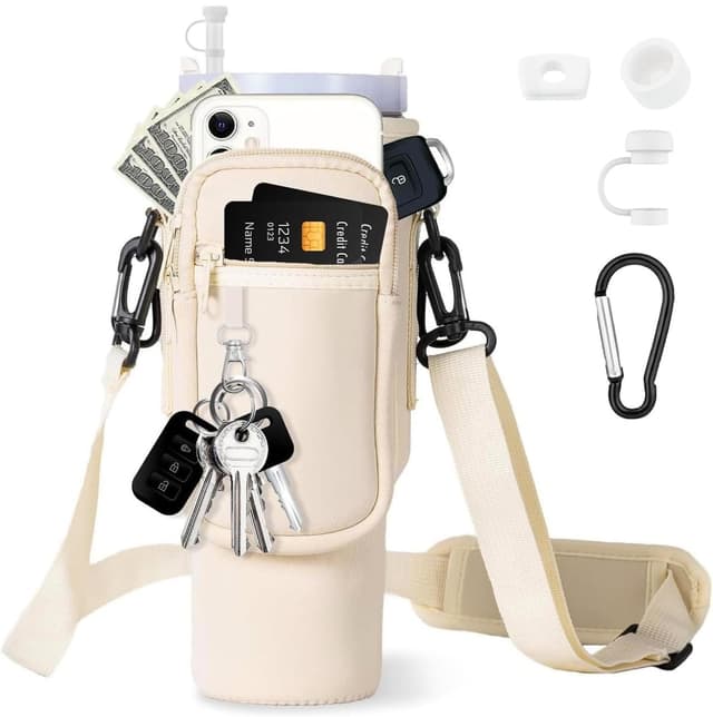 AIROLDI Tasche für Stanley Cup 1.2L / 40oz Stanley Cup Zubehör, Wasserflasche Tragetasche mit Handyfach, Karabiner und Verstellbarem Schultergurt, für Reisen Zum Wandern Laufen Radfahren Creme
