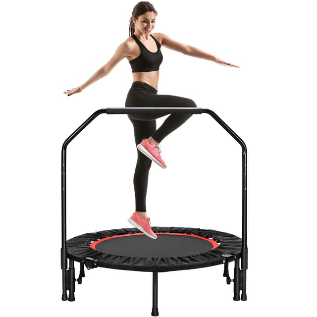 LIFERUN Fitness Trampolin Indoor Ø101cm,Tragfähigkeit 150 kg,Workout Rebounder,mit 3 Verstellbare Handgriffstufen,mini Trampoline für Erwachsene ROT
