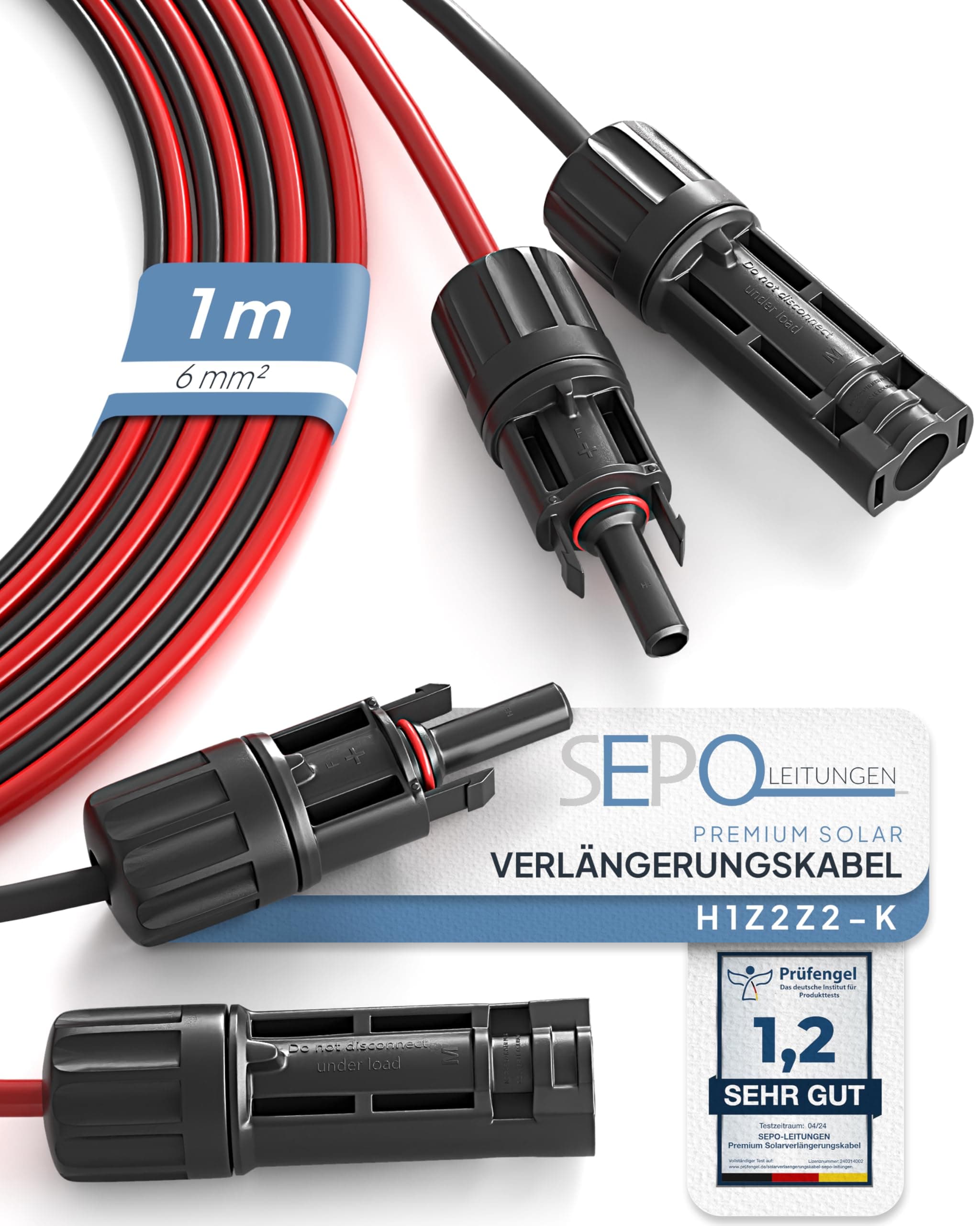 SEPO-Leitungen Solarkabel Verlängerung 4mm²/6mm² – 2er Set 1/2/3/5/10M – inkl. 0% MwSt. gem. § 12 Abs. 3 Ust Verbindungskabel mit MC4-Steckern – UV-beständig & langlebig für Solaranlagen 0% MWSt - 6mm² 1 Meter