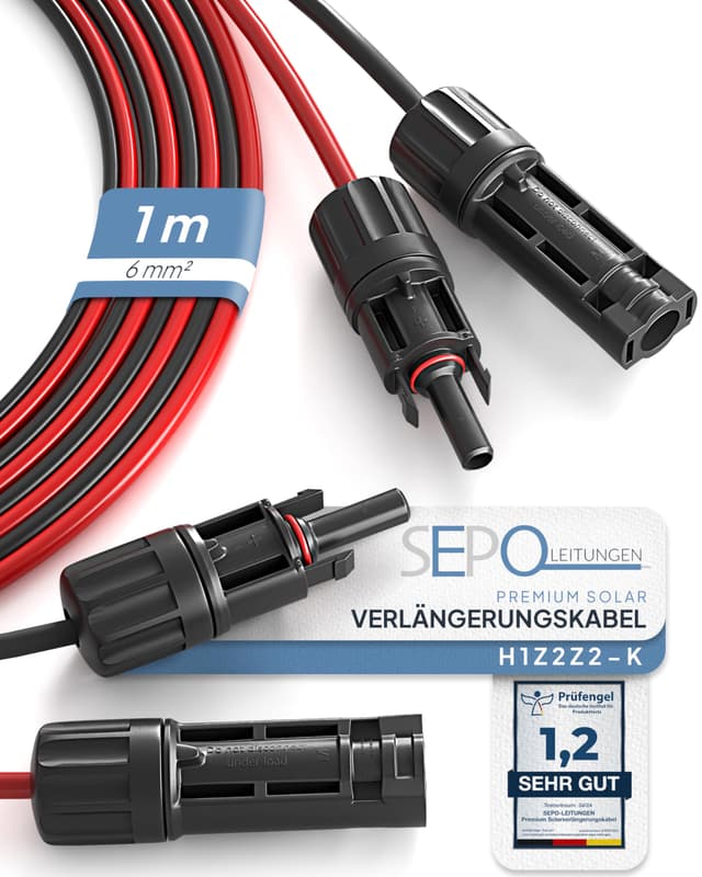 SEPO-Leitungen Solarkabel Verlängerung 4mm²/6mm² – 2er Set 1/2/3/5/10M – inkl. 0% MwSt. gem. § 12 Abs. 3 Ust Verbindungskabel mit MC4-Steckern – UV-beständig & langlebig für Solaranlagen 0% MWSt - 6mm² 1 Meter