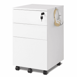 DEVAISE Rollcontainer mit 3 Schubladen, Mobiler Aktenschrank mit Rollen, Druckertisch für DIN A4/Legal/Letter, Schreibtisch Unterschrank für Büro und Home Office, Weiß