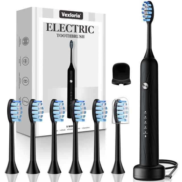 Vexloria Elektrische Zahnbürste, Schallzahnbürste, Zahnbürste Elektrisch mit 6 Bürstenköpfe, 5 Putzmodi, Timer und USB Ladestation, IPX7 Electric Toothbrush, 38000VPM Schwarz