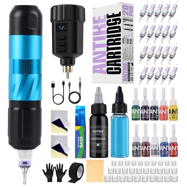 Tattoo Maschine Set Kabellos,Tattoo Kit mit 1500mAh LED-Digitalanzeige Tattoo Akku 20stk Tattoo Nadeln 11 Tattoo Farbe,Tattoo Starter Set Komplett für Anfänger und Tattoo Künstler Blau