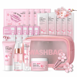 Shefave Sakura Beauty Geschenksets, Skincare Set mit Kosmetiktasche, Serum, Gesichtscreme, Reiniger, Lippenmaske， Haarnadel, Geschenk Teenager Mädchen, Gesichtspflege Set Damen, 9-tlg Dunkelrosa