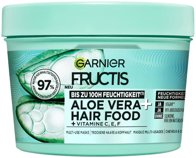 Garnier Fructis Aloe Vera Haarmaske, Leave-In für normales bis trockenes Haar, Mehr Geschmeidigkeit und Glanz, Intensive Feuchtigkeit, Ohne Silikone, Hairfood, 3in1, 400ml Maske Aloe Vera