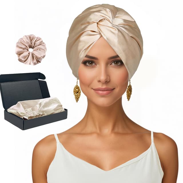 Gorsmoon Seidenhaube zum Schlafen für gesunde Haare & Lange Haare | Schlafhaube Seide verhindert Frizz & Haarbruch | Silk Bonnet für Damen mit Locken & alle Haartypen (Champagner)