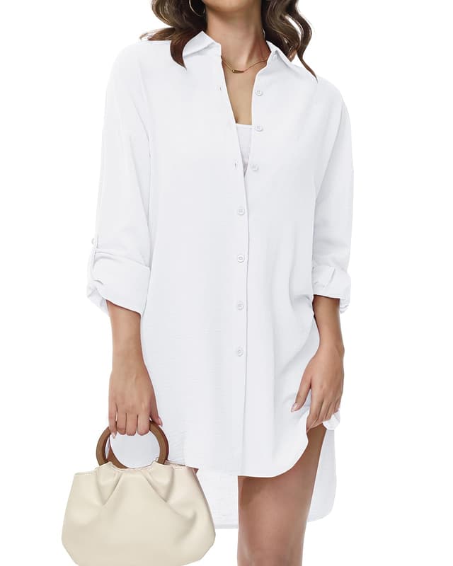 Tanmolo Damen Bluse V-Ausschnitt Hemdbluse Langarm Lässiges Hemd zum Knöpfen Langarmshirt Casual Oberteile Aufrollen Tops XL Weiß-n021