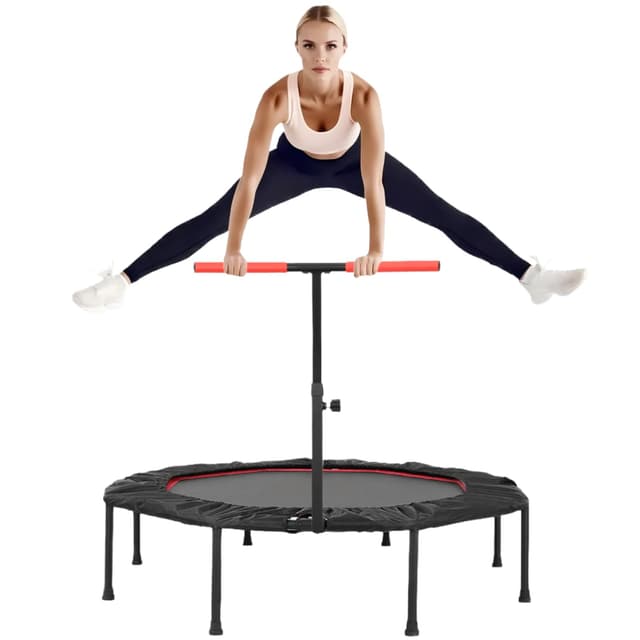 LIFERUN Trampolin Indoor Erwachsene Ø128cm, Fitness Trampoline Klein 150 kg belastbar, Leise Gummiseilfederung, Höhenverstellbaren Griffen Rot