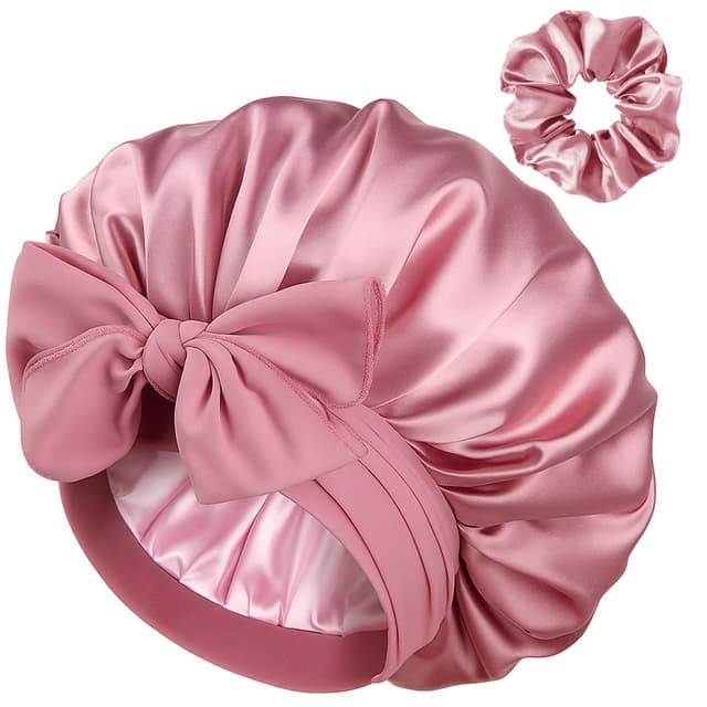 YANIBEST Satin Seide Haube für schlafende Frauen, Double Layer Hair Bonnet mit elastischem Bindeband für lockiges Naturhaar Rosa