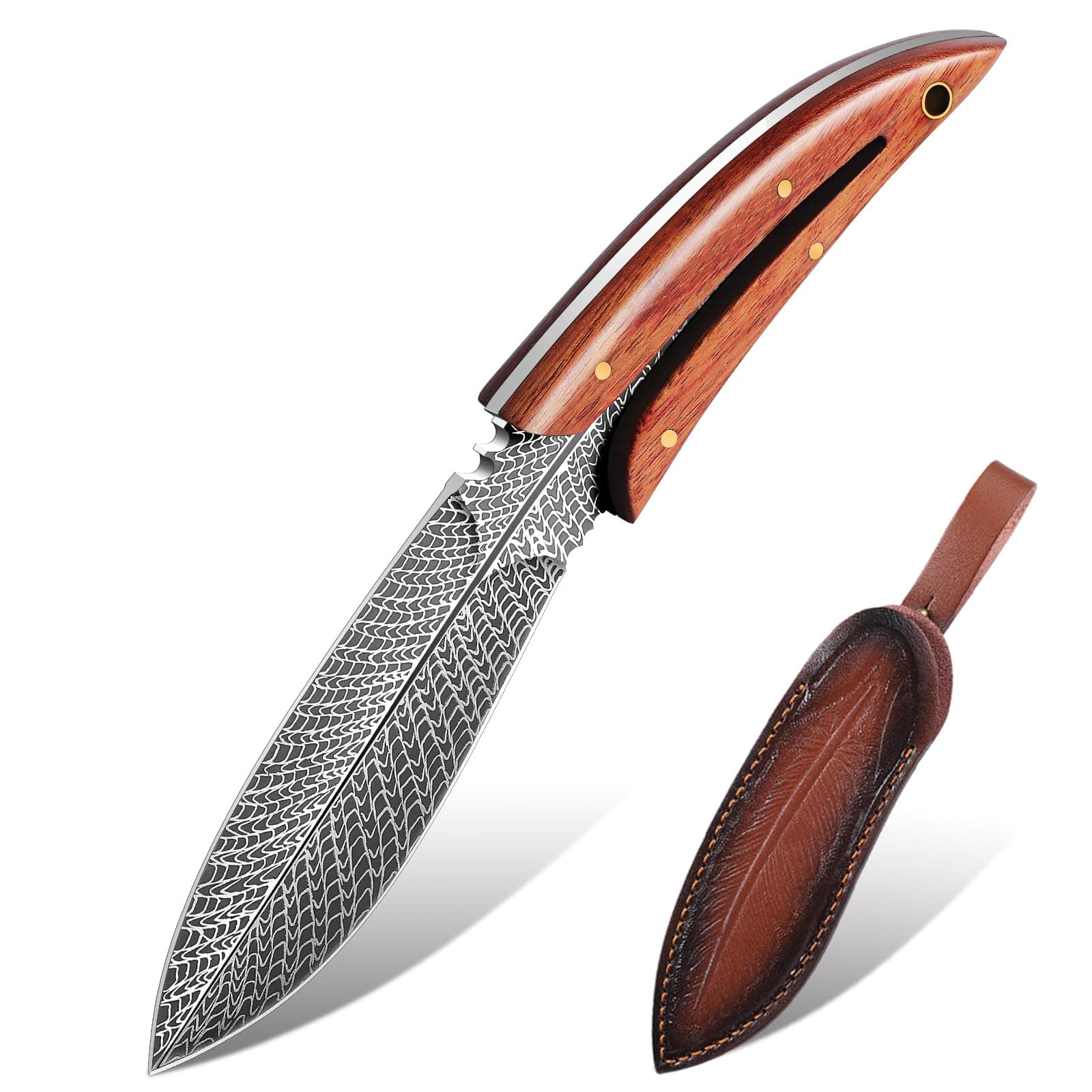 Japaknives Outdoor Messer Survival Jagdmesser Feststehende Klinge Full Tang Survival Messer Bushcraft Messer mit Lederscheide Tolle Sammlung Camping Messer for Abenteuer, Wandern, Angeln Feder