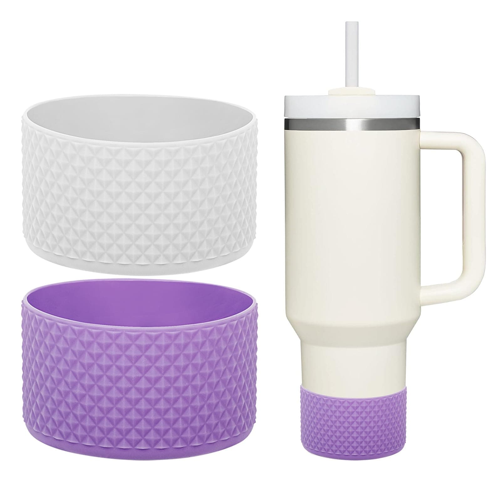 WK IEASON 2 Stück Tumbler Bottom Protector Flask Silikonmanschette für Stanley Quencher adventure 40oz & Stanley IceFlow 20oz 30oz und kompatibel mit Hydro Flask 12oz 21oz 24oz (Diamond White/purple) Diamant Weiß/Violett