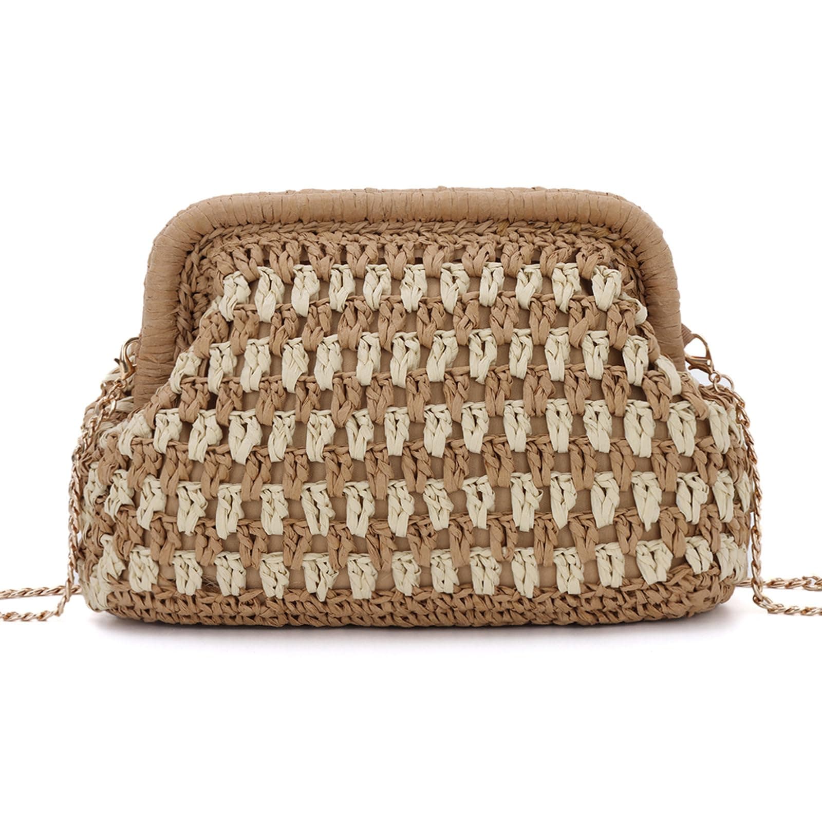 Ynport Crefreak Damen Clutch aus Stroh – Gewebte Sommer Strandhandtasche mit Kettenriemen, Hohles Design für Urlaub und Ausgehen Braun