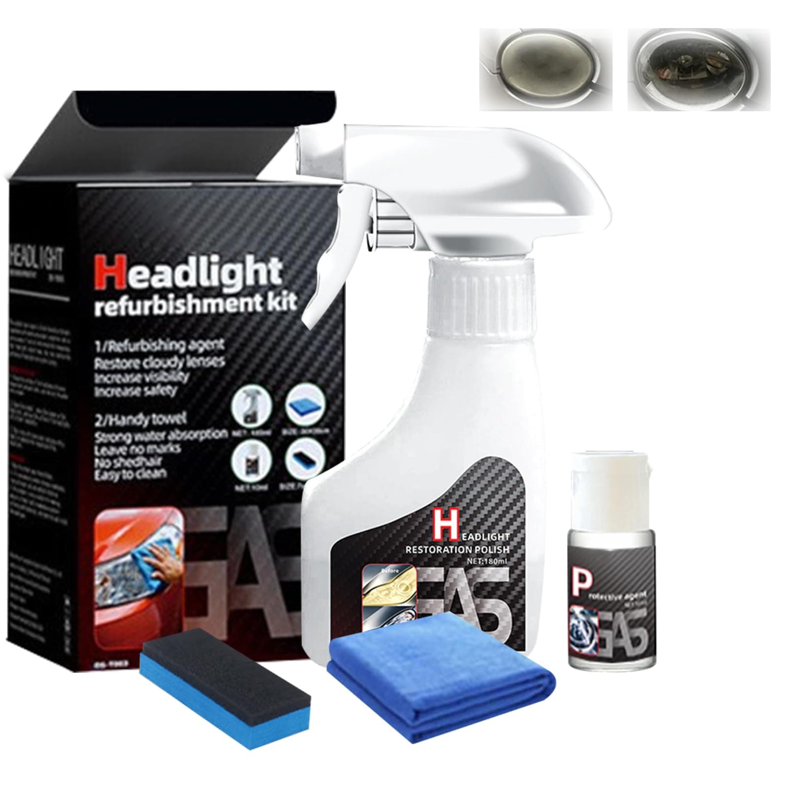 180ml Auto Scheinwerfer Politur Spray, Scheinwerfer Aufbereitung Flüssigkeit Set, Flüssiges Scheinwerfer-Reparaturmittel, Autoscheinwerfer Reparaturspray für Reinigt Poliert Vermattete Vergilbte