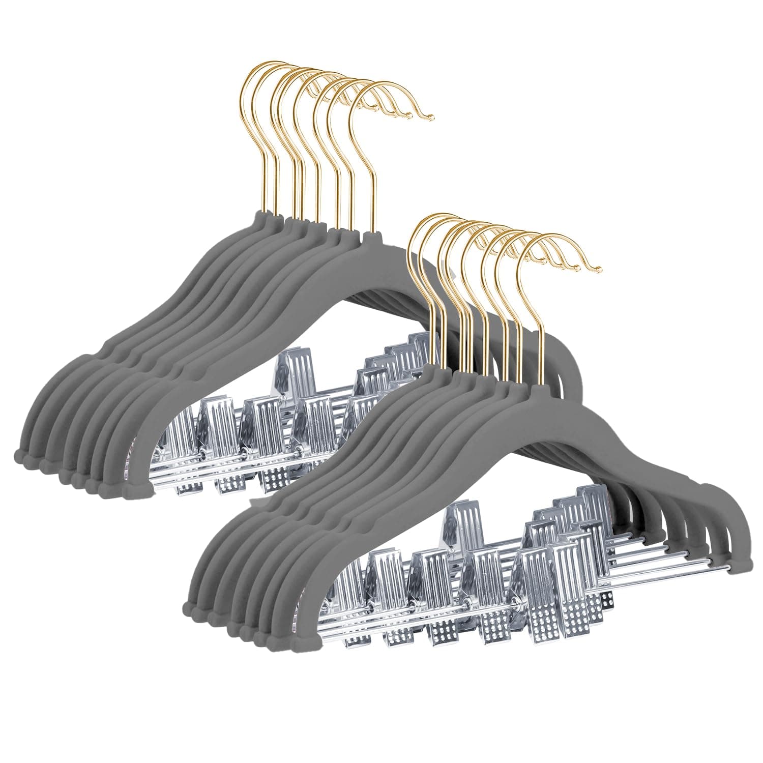 Stormix Baby Kleiderbügel, 14er-Pack Hosenbügel mit Clips, 30 cm rutschfeste Kleiderbügel, Robuste Kinder Kleiderbügel für Hemden, Hosen, Röcke, Kleider, Jacken, Mäntel Grau (Goldhaken) 14 Stück Goldhaken Grau