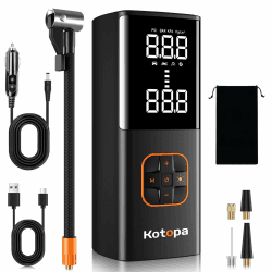 Kotopa Elektrische Luftpumpe, 150 PSI Akku Luftpumpe mit LED-Licht & Powerbank, Akku Kompressor mit 4 Ventilen für Auto/Fahrrad/Motorrad/Ball Schwarz Angebot bei HelloDeals