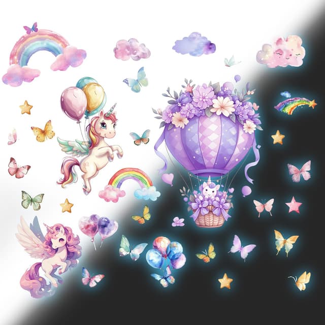 milaosk Wandtattoo Leuchtaufkleber Einhorn Heißluftballon Selbstklebend Wandaufkleber Schmetterling Sterne Ballon Wandbilder Leuchtende Wandsticker Kinderzimmer Mädchen Babyzimmer Deko Aufkleber