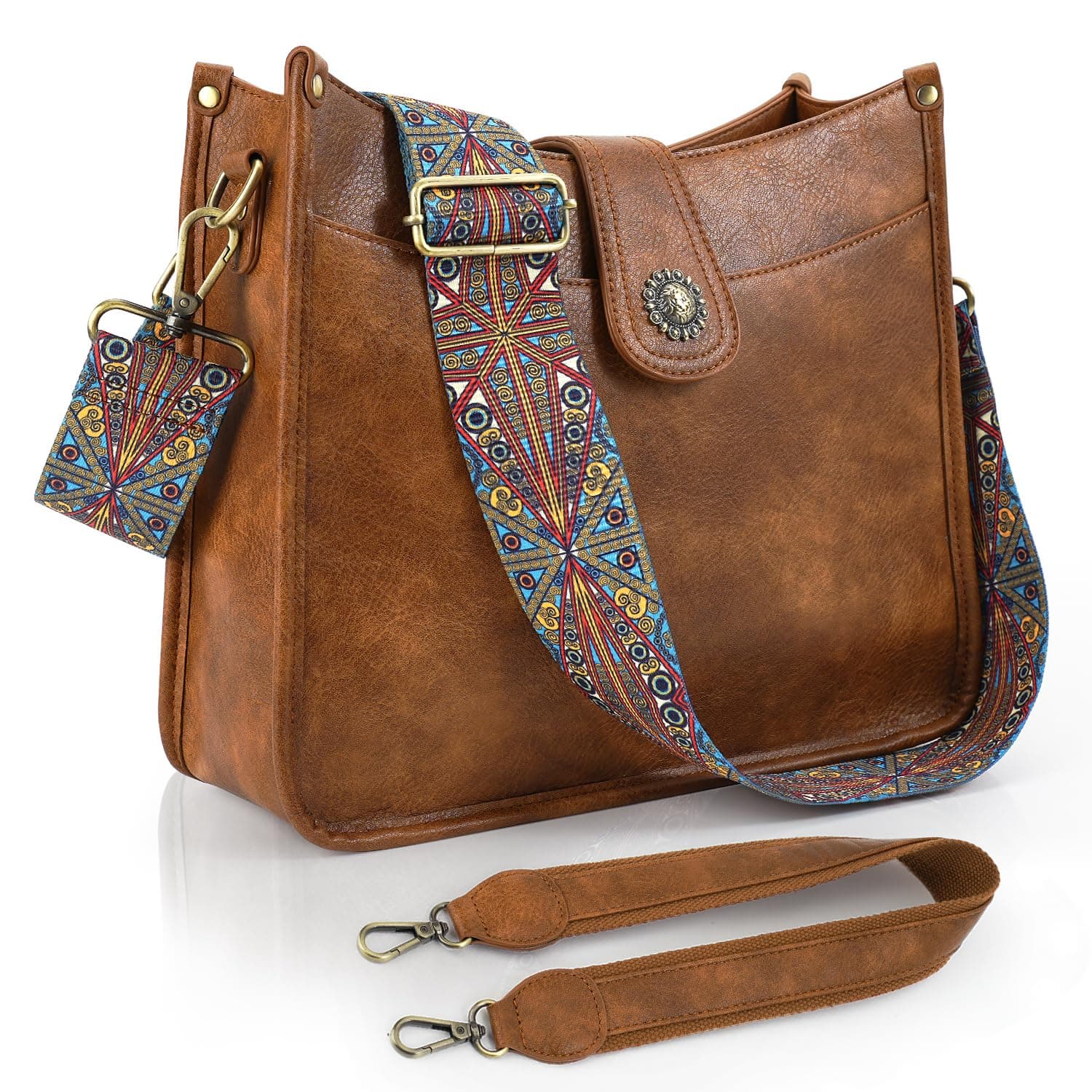 VIMUTI Handtasche Damen Mittelgroß Umhängetasche schwarz Crossbody Bag mit Breiter Gurt Schultertasche Hobo Bag veganem Leder Tasche 2 Schulterriemen Kartenschlitz Reisetasche A5-braun-8626