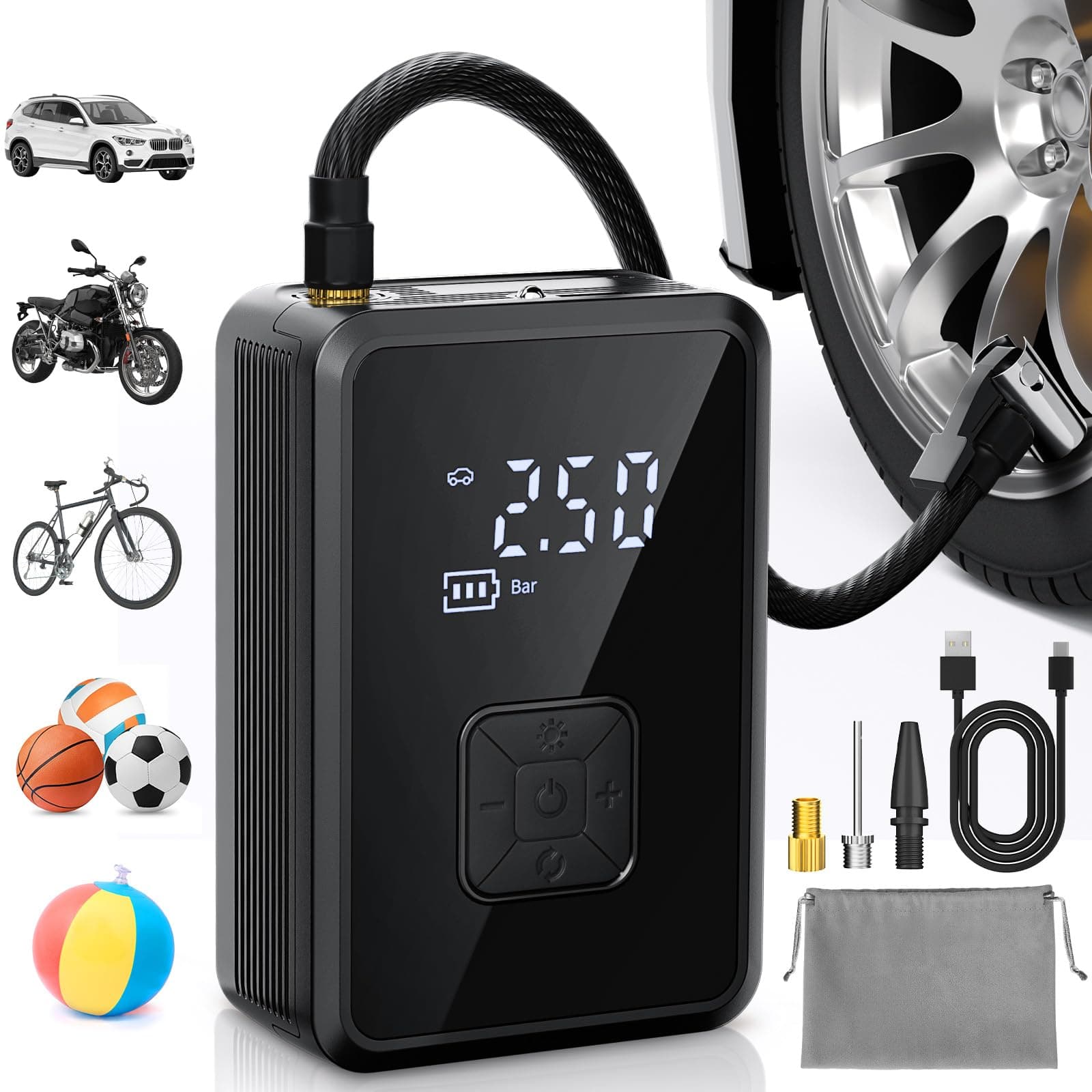 Oasser Elektrische Luftpumpe 150PSI Fahrradpumpe Akku Luftpumpe Tragbarer mit LED Licht für Auto Motorrad Fahrrad Ball Reise Camping