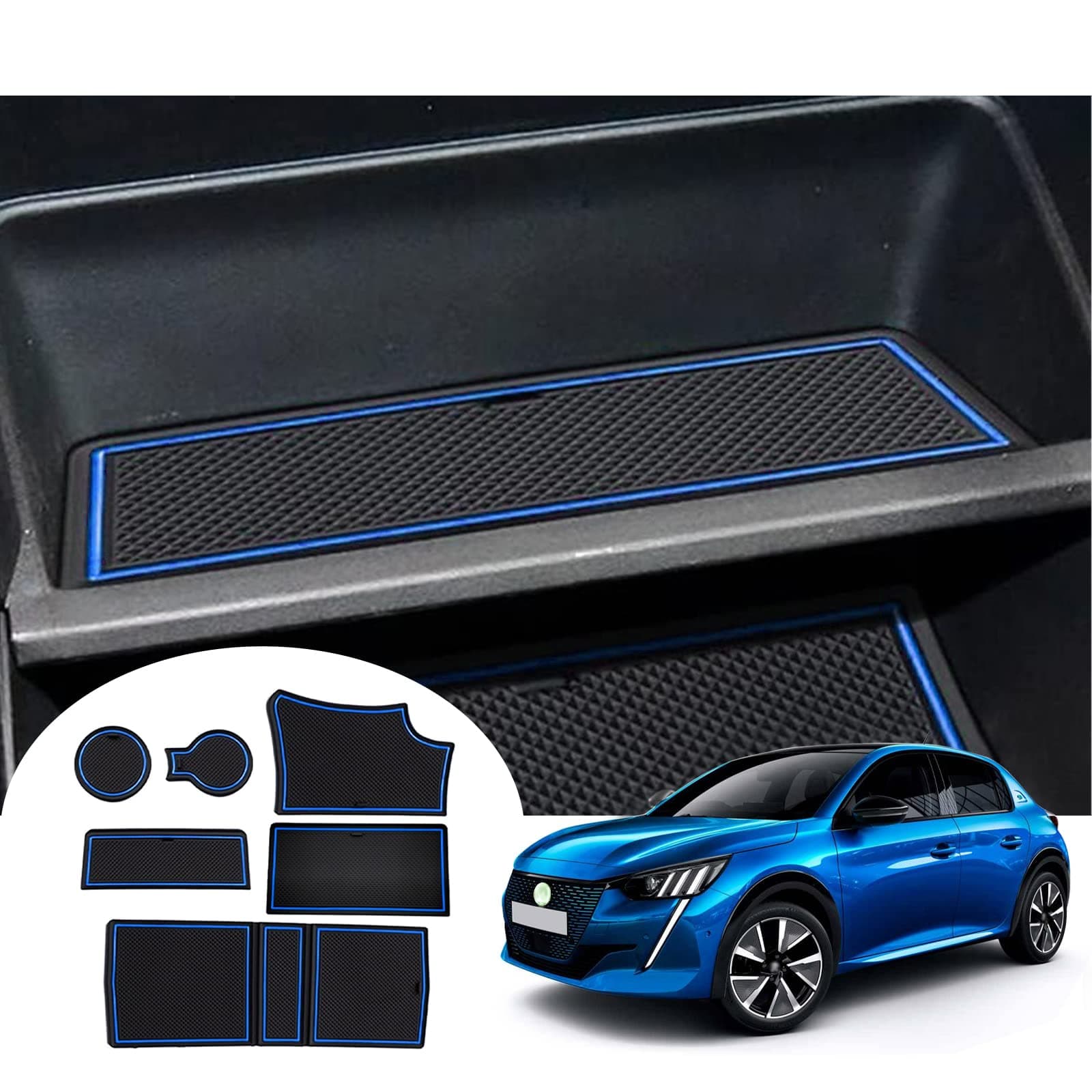 GAFAT Neu Peugeot 208 e-208/ Peugeot 2008 e-2008 Restyling 2020-2024 2025 Antirutschmatten, Peugeot 208 2023 Mittelkonsole Armlehne Gummimatten, Getränkehalter Matte, Türnaht Matten (Blau)