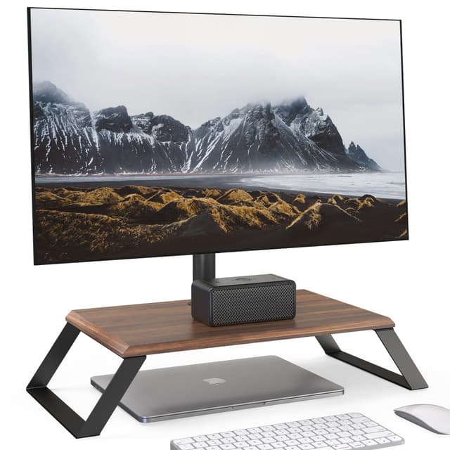 AOKCOS Monitor Halterung mit Regal, Monitorständer mit Abnehmbaren Metallfüßen, Höhenverstellbar Monitor Stand für 12-27 Zoll Bildschirm, Tischständer mit Stauraum, Vintage