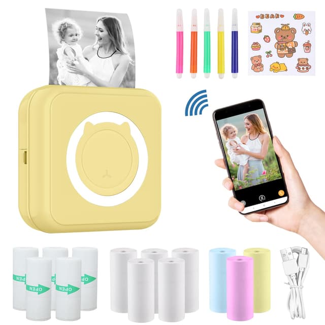 ZAKVOP mini drucker für Smartphone, mini Tragbare Fotodrucker, mini Pocket Printer, Bluetooth thermodrucker für iOS und Android, Aufkleber drucker für Journal, Notizen, Liste, Memo - Gelb
