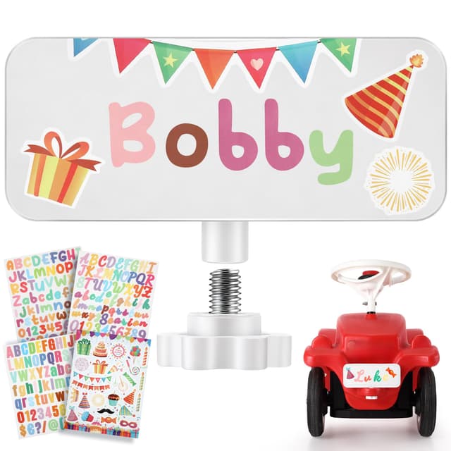 Enhon Aluminium Weiß Individuelles Nummernschild für Big Bobby Classic und New, 1 Fest Verstellbare Bolzen, 3 Buchstabenaufkleber, 1 Geburtstagsaufkleber, Namensschild für das Rutschfahrzeug