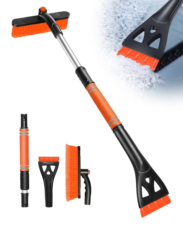 Eiskratzer Auto mit Besen, 3 in 1 Erweiterbar Abnehmbarer Eisschabe, Auto Schneebesen und Reinigungsbürste mit 360 Grad Bürstenkopf, 80cm Lange Schneeschaufel für Auto SUV LKW Windschutzscheibe Schwarz Und Orange