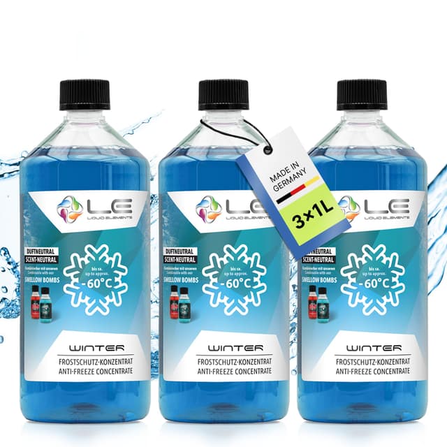 Liquid Elements – Winter Frostschutz Konzentrat 3x 1L – Frostschutzmittel schlierenfrei & wirksam bis -60°C – Scheibenfrostschutz verhindert das Einfrieren von Scheibenwaschanlagen (Duftneutral) Duftneutral 1 l (3er Pack)