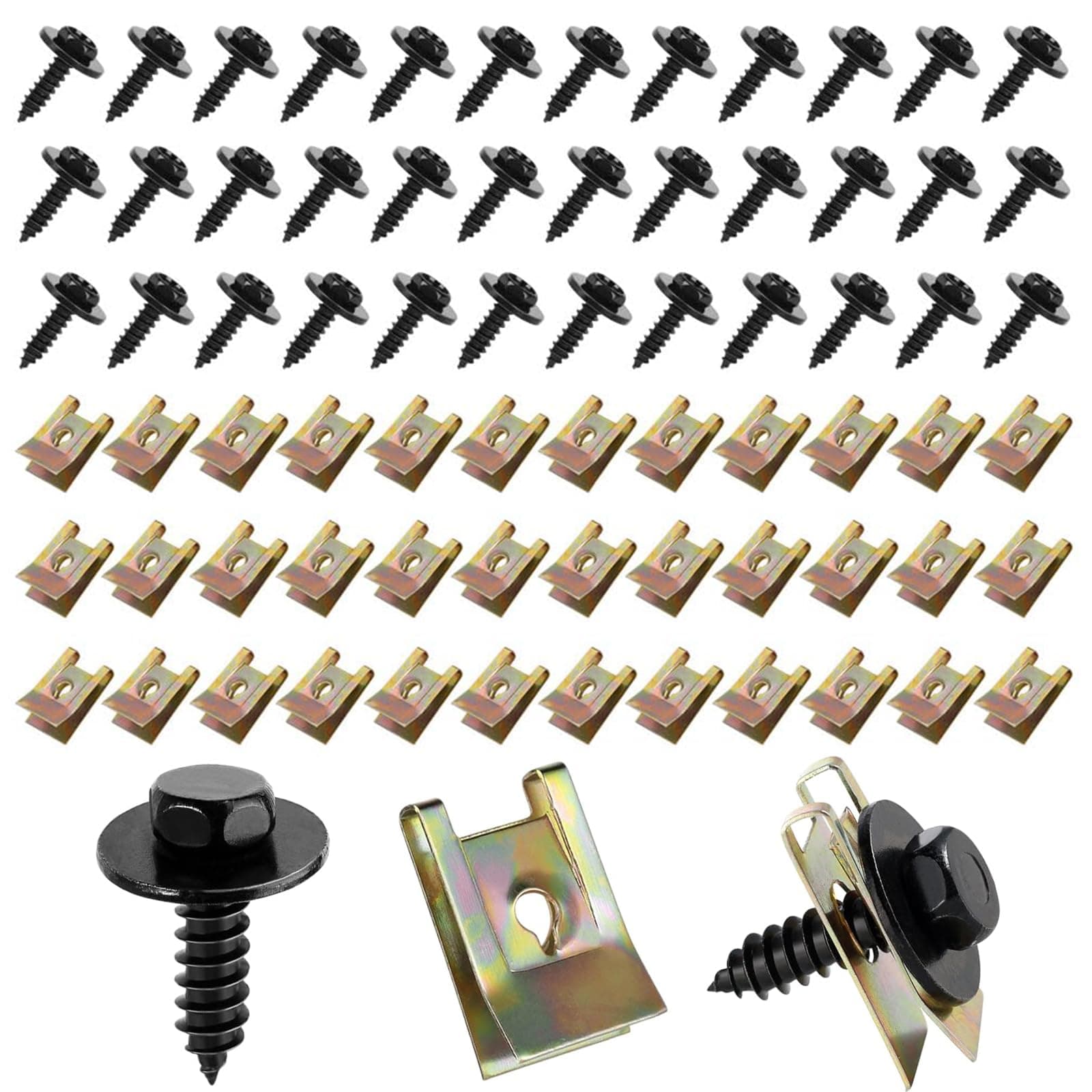 100 Stück Blechmutter Schraube Mutter Clip Kit, 50 Kfz Karosserieschrauben 50 U-Type Auto Befestigung Clips Kotflügelclip Blechschrauben Schnappmutter Set für Auto Motorrad