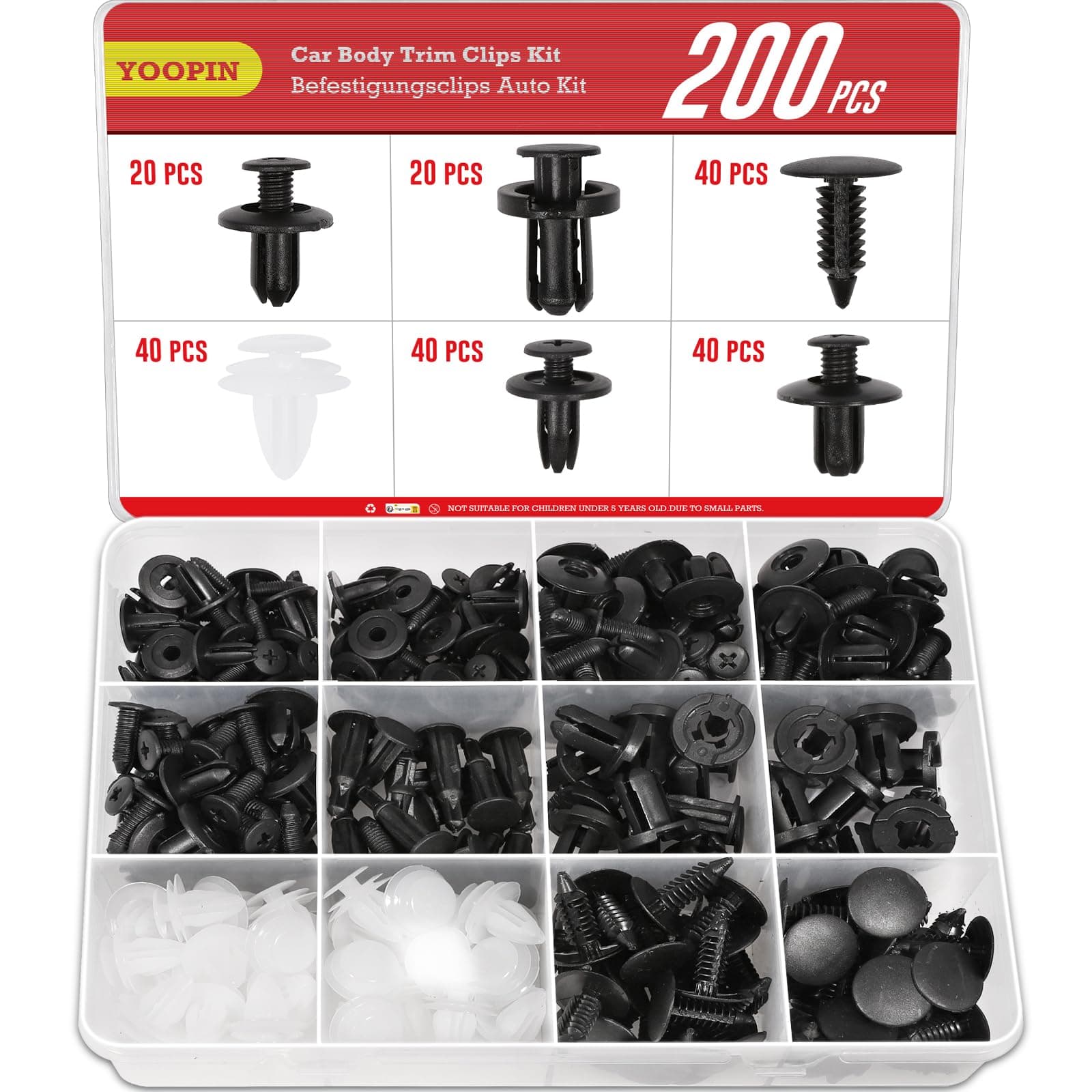 YOOPIN 200 Stück Befestigungsclips Auto Kit, Universelle Spreiznieten Karosserie, 6 Größen Kunststoffnieten Clips, Türverkleidung Clips für Innenverkleidungen und Wartung