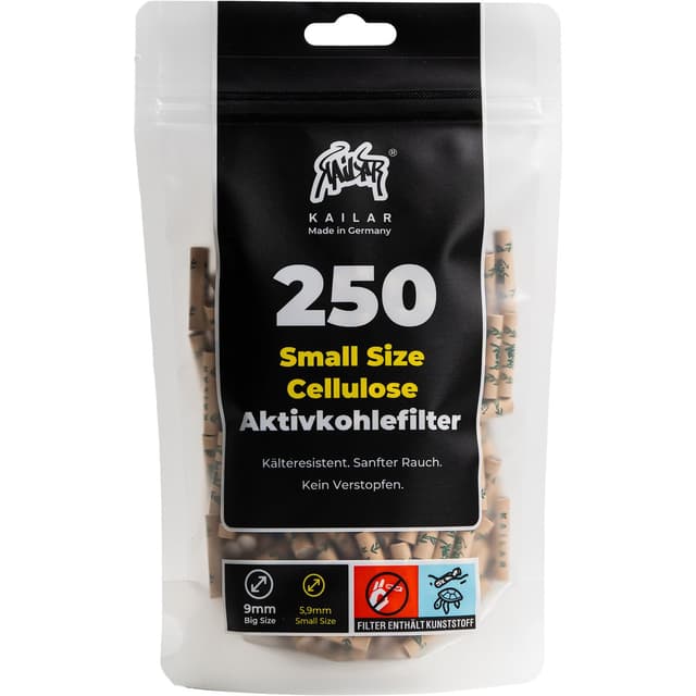 KAiLAR 250 Ungebleicht Cellulose Aktivkohlefilter Slim (6 mm) mit veganer Aktivkohle aus Kokosnussschalen | Für ein sanftes Raucherlebnis ohne zu verstopfen (Kälteresistenz)