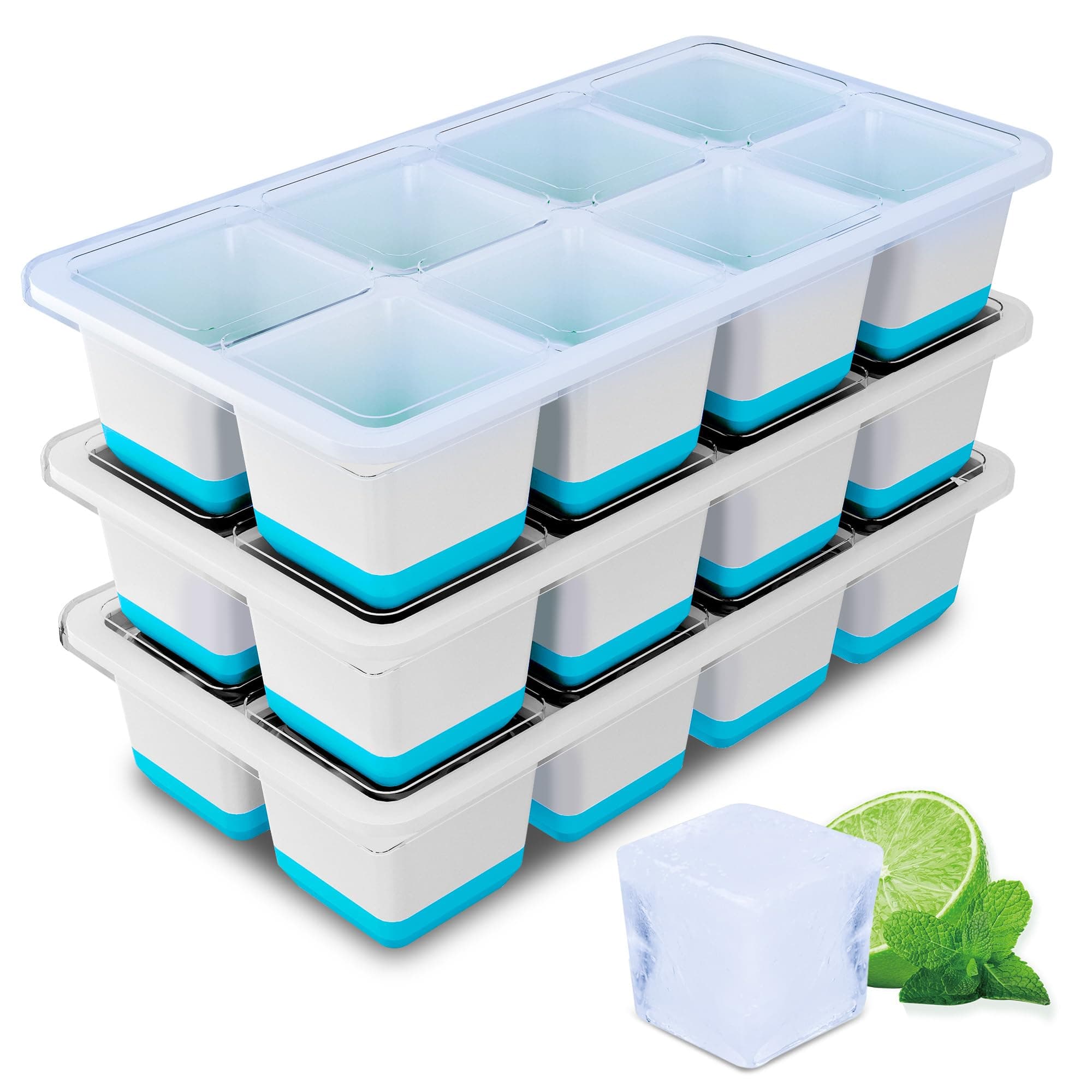 Eiswürfelform Groß, 3 Pack Große Eiswürfelbehälter mit Deckel, Leichtes Lösen, BPA-Freie Silikon Eiswürfelformen, 4,5cm Eiswürfel xxl für Whiskey, Cocktails und Getränke (Blau Silicone Ice Cube Tray) 8-3 Blau