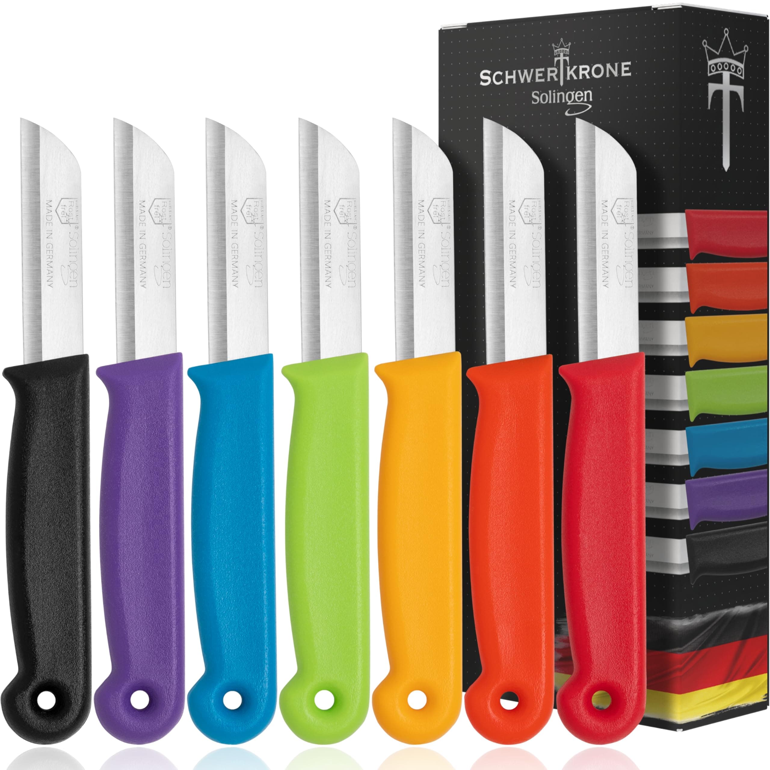 Schwertkrone® Schälmesser 7er Set [MADE IN SOLINGEN - GERMANY] - Gemüsemesser Obstmesser - Küchenmesser klein scharf - Schneidemesser Kartoffelschälmesser - Allzweckmesser (7x bunt - 6cm Klinge) 7 Stück bunt