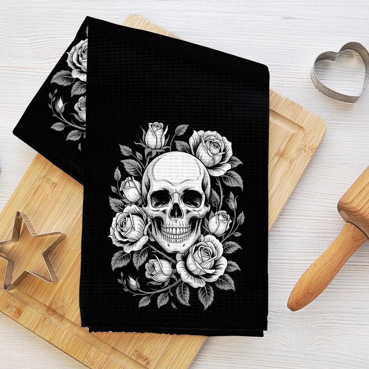 Küchentücher mit Totenkopf-Motiv, 61 x 35 cm, Blumendruck, schwarz-weißes Design, Waffelhandtücher für Küche, Zuhause, Bauernhaus, saugfähiges Mikrofaser-Geschirrtuch, Einweihungsgeschenke für Frauen Lcs Multicolor 23113