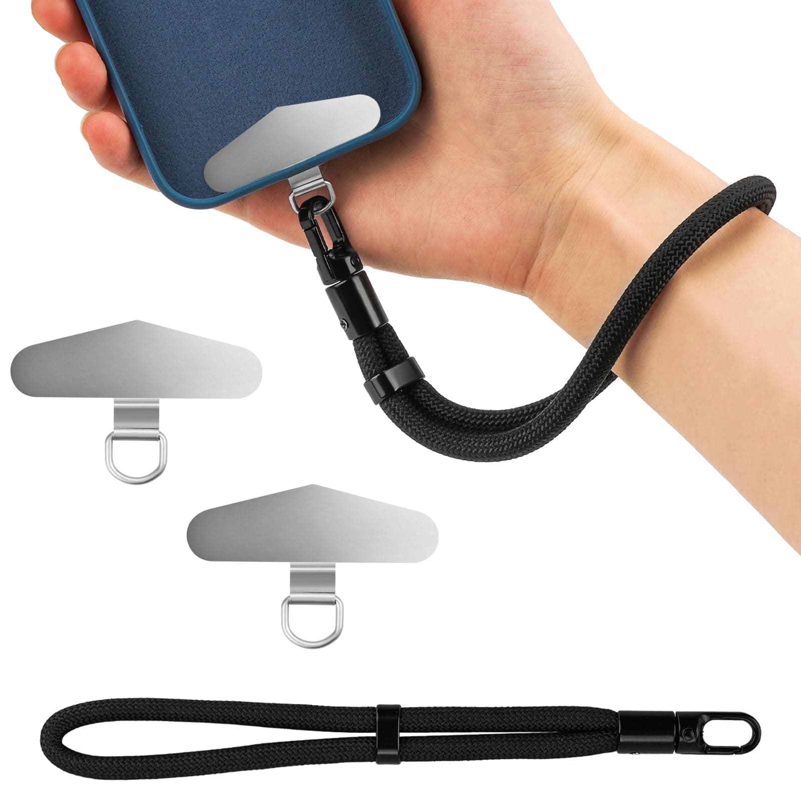 sebudion 2 Stück Edelstahl Handykette Universalpads,Handy Lanyard Pads, Handyband mit Metallring Patch, Schwarz Lanyard für Handgelenk, Anti Verlust Universal für Smartphones