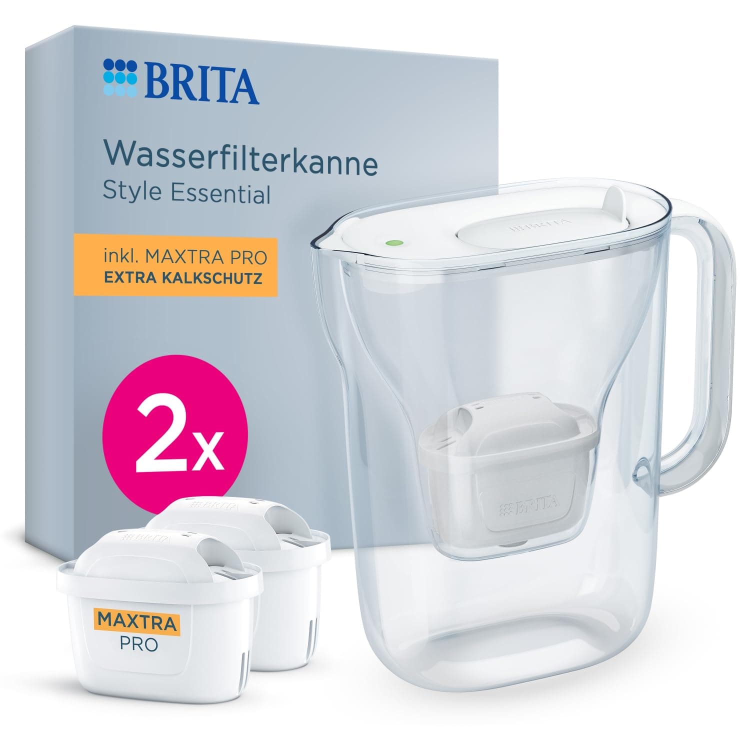 BRITA Wasserfilter Kanne Style Essential weiß (2,4l) inkl. 2x BRITA MAXTRA PRO Extra Kalkschutz – Kühlschrankgeeignete Filterkanne mit Smart Light LED & Klapp-Deckel, filtert Verunreinigungen & mehr Style Essential inkl. 2