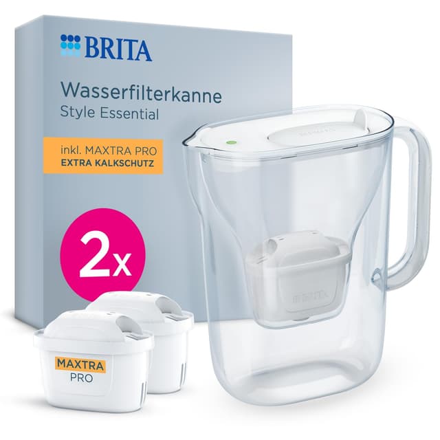 BRITA Wasserfilter Kanne Style Essential weiß (2,4l) inkl. 2x BRITA MAXTRA PRO Extra Kalkschutz – Kühlschrankgeeignete Filterkanne mit Smart Light LED & Klapp-Deckel, filtert Verunreinigungen & mehr Style Essential inkl. 2