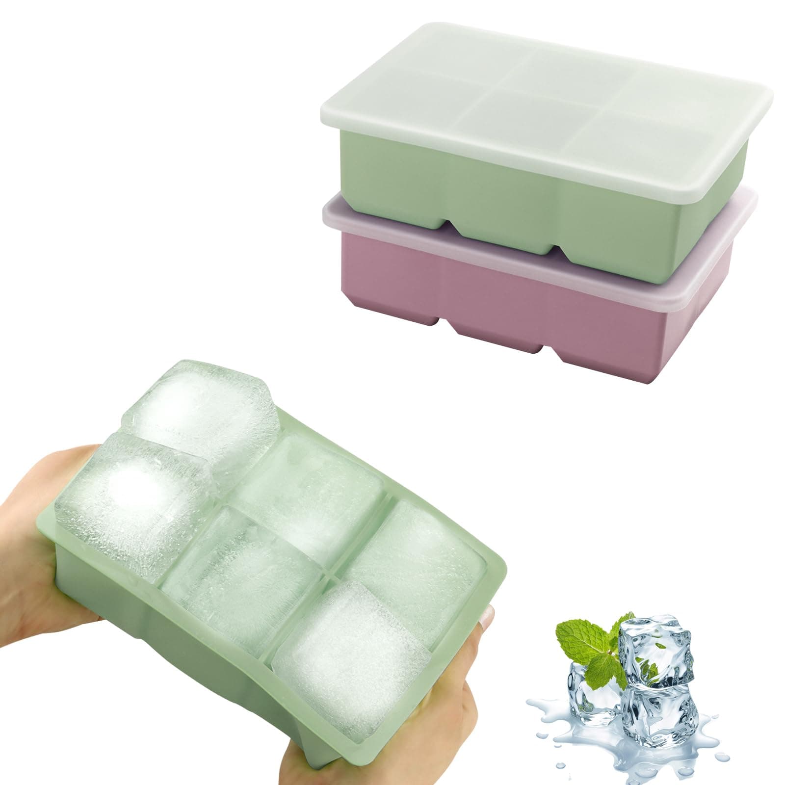 JOPHEK Eiswürfelform, 2 Stück 12 Fach Silikon Eiswürfelschale mit Deckel, Große Quadratische Eiswürfel 4.8cm für Cocktails Whisky Wein Obst Fruchtpürees Eiscreme Eistee Rosa+grün