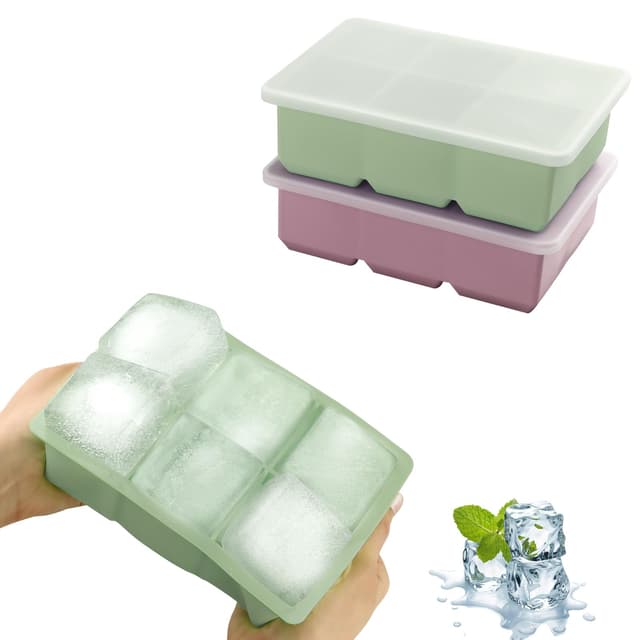 JOPHEK Eiswürfelform, 2 Stück 12 Fach Silikon Eiswürfelschale mit Deckel, Große Quadratische Eiswürfel 4.8cm für Cocktails Whisky Wein Obst Fruchtpürees Eiscreme Eistee Rosa+grün