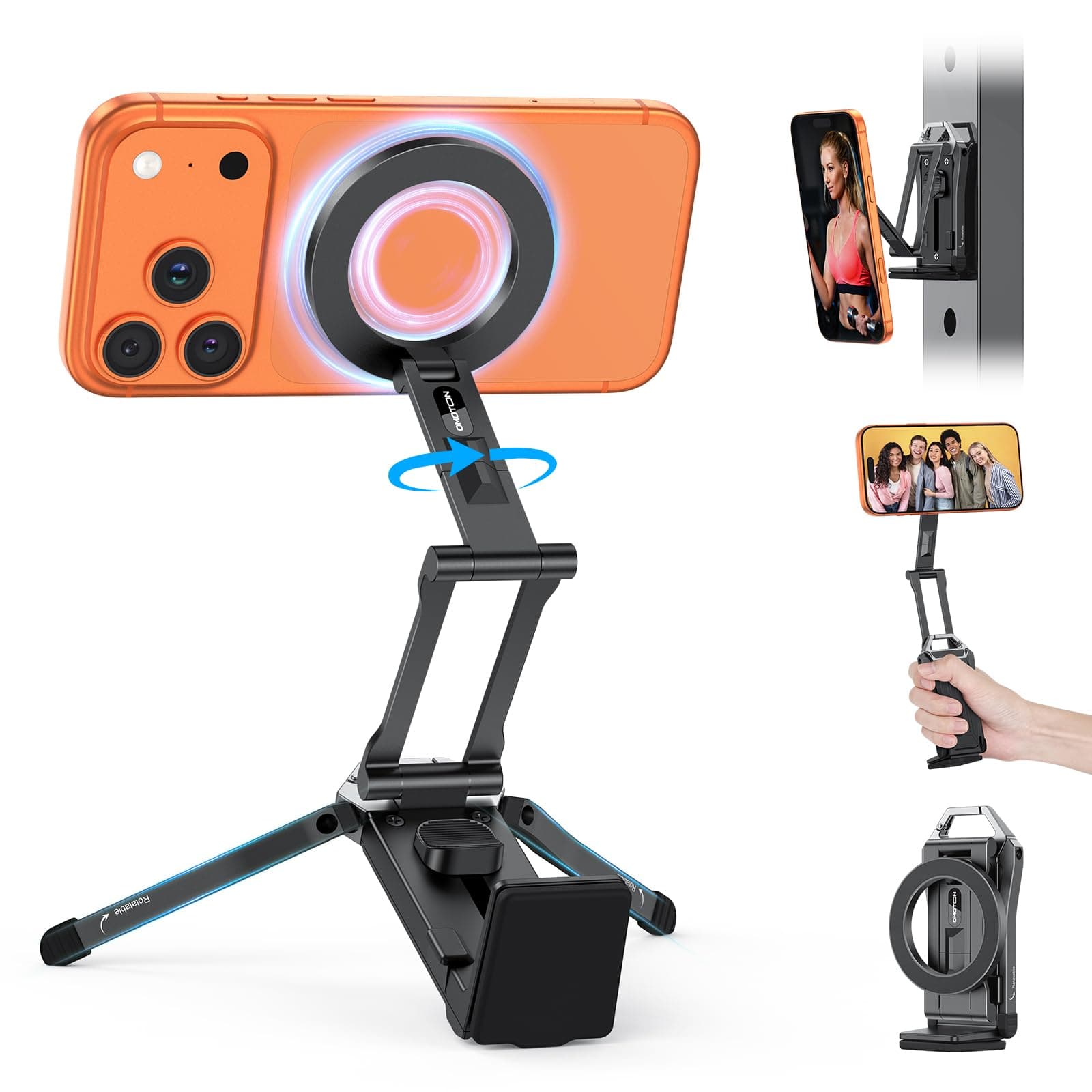 OMOTON Aluminium Magnetisches Handy Stativ, 360° Drehbar Selfie Stick Stativ für MagSafe, 4in1 Verstellbare Faltbar Handyhalterung für iPhone 17/16/15/14 Pro Max Air, für Fitnessstudio, Video, Vlog