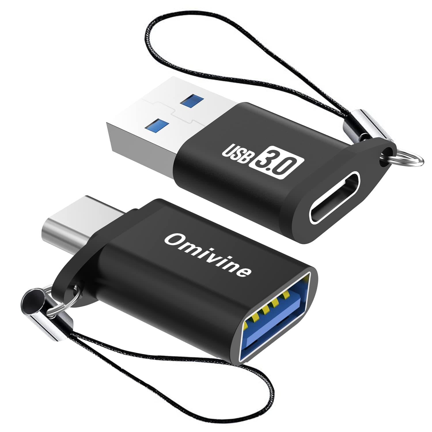 Omivine USB 3.0 auf USB C OTG Adapter, USB Typ C auf USB Adapter mit Schlüsselband (2 Stück) Stil 1 - 2P(USB C auf A & A auf C)