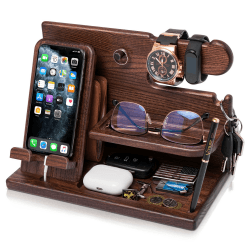 TESLYAR Handy Dockingstation & Schreibtisch Organizer Holz mit Handyständer Braun für Büro Aufbewahrung & Organisation/Schöne Männer Geschenke Geburtstag Herren Weihnachten Angebot bei HelloDeals